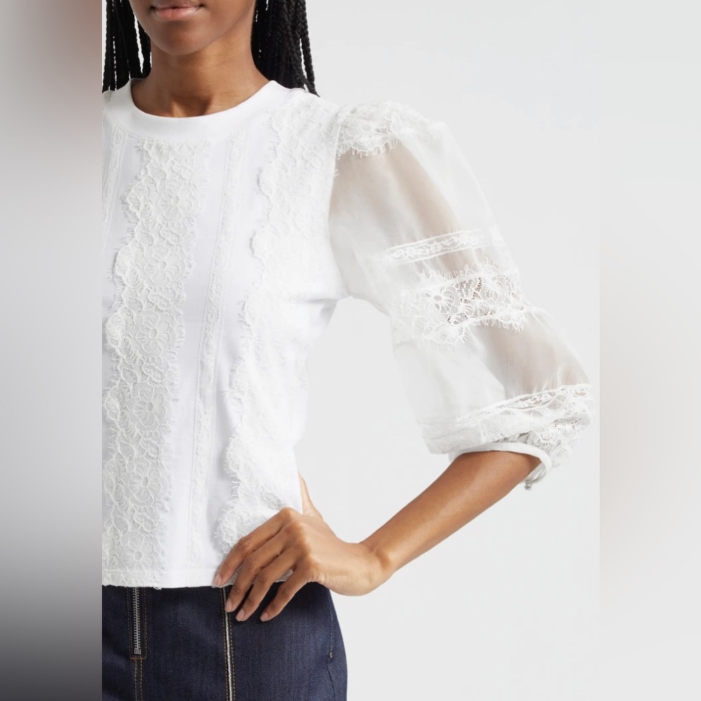 NWT Cinq à Sept White Lace Stefania Trim Shirt 3/4 Sleeve Blouse Size XS - Picture 3 of 12